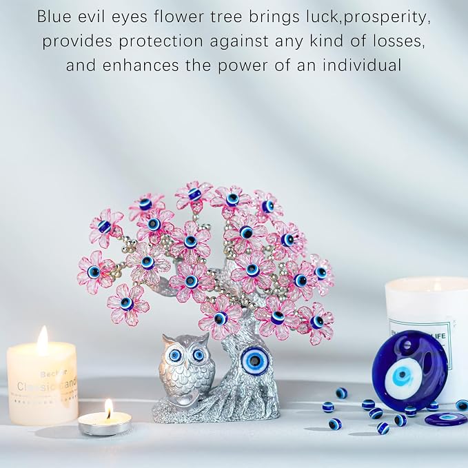 YU FENG 7.4'' Turkish Evil Eye Tree with Owl Figurine, Feng Shui Decor | Blue evil eye charm, pink flower tree design, lucky protection