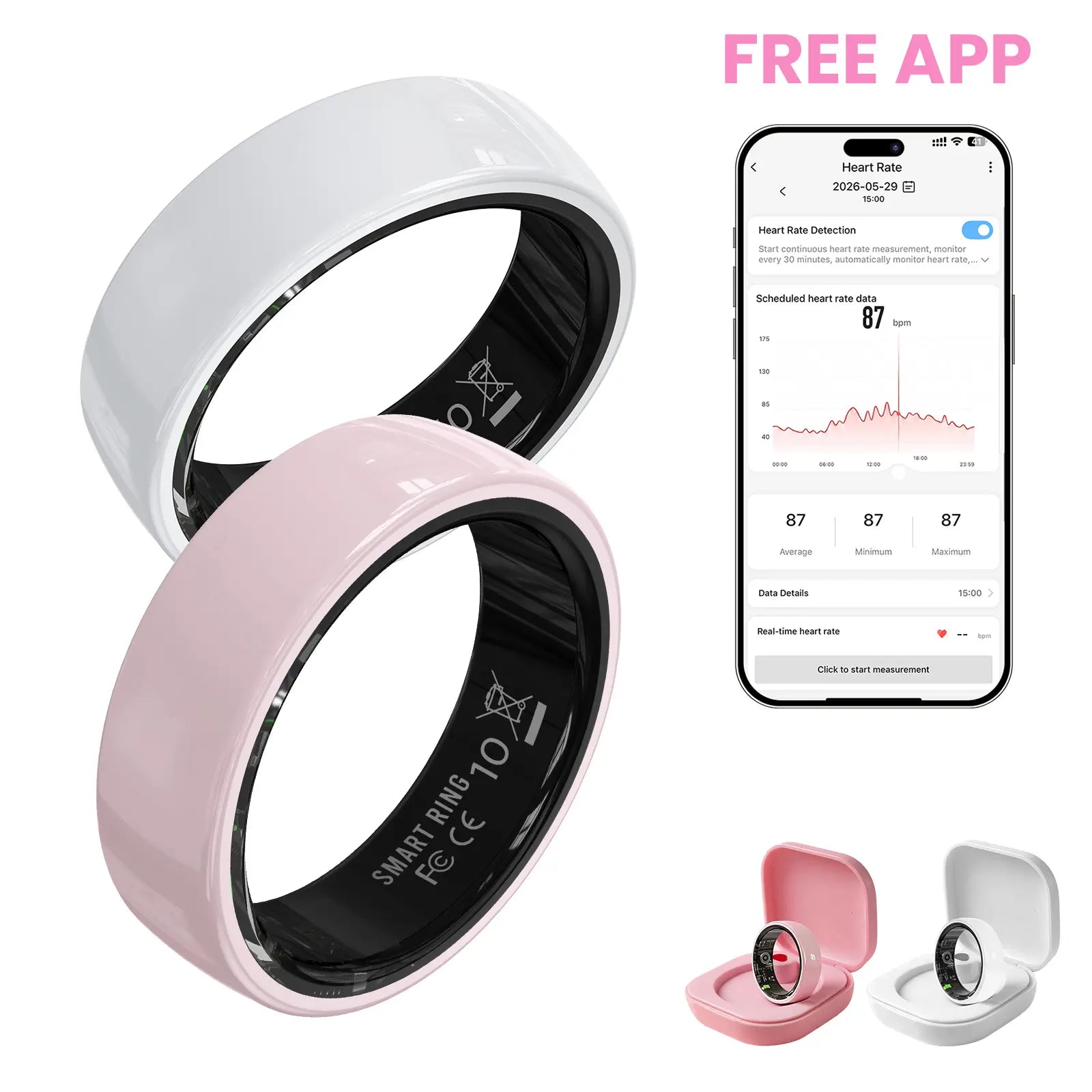 #6-#11 Pink & Black Ceramic Smart Couple Rings for Women & Men, Fitness & Sleep Tracker, Heart Rate & Stress Monitor, Cycle Tracking, IP68 Waterproof, 3–5 Day Battery, Ios & Android Compatible, with Charging Case
