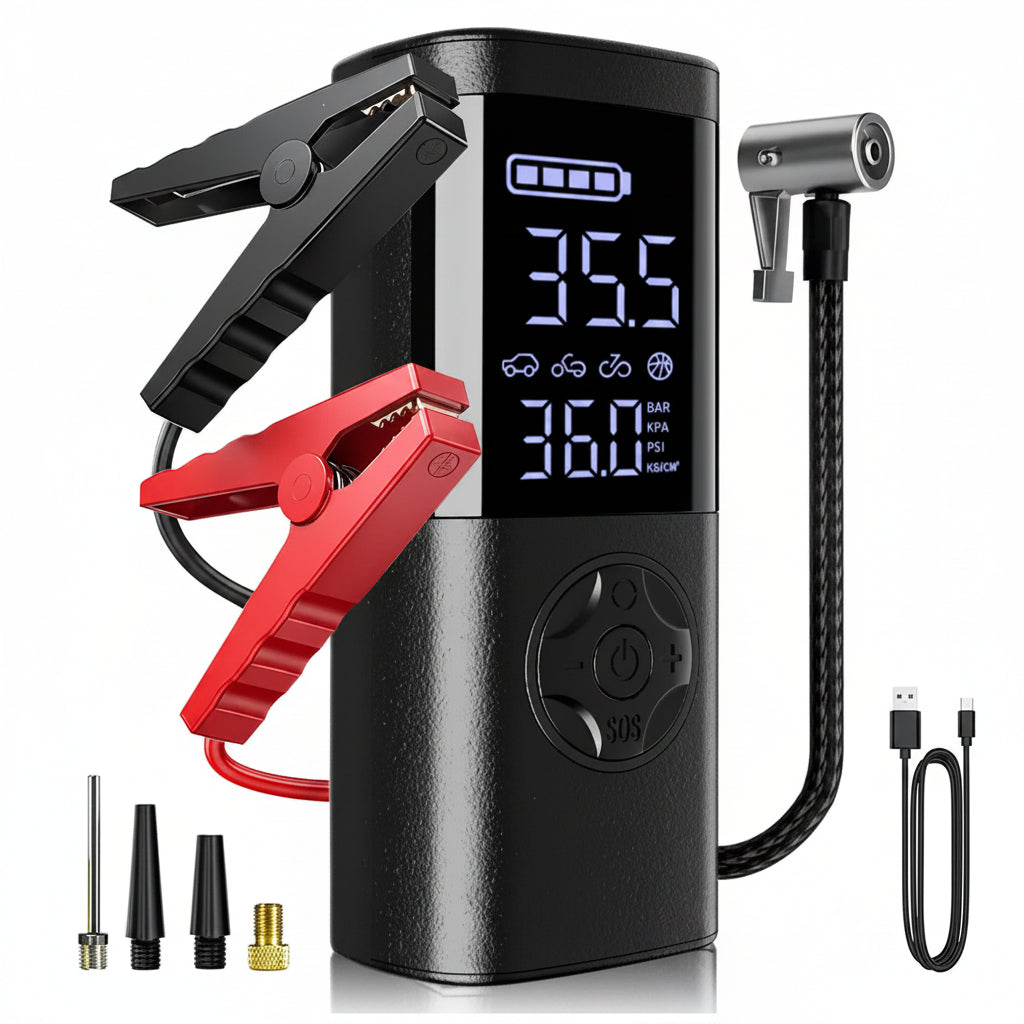 4-In-1 Car Jump Starter with Air Compressor, Tire Inflator, Portable Power Bank, Battery Booster Pack, LED Emergency SOS Light – All-In-One Roadside Kit for Dead Battery & Flat Tire