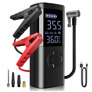 4-In-1 Car Jump Starter with Air Compressor, Tire Inflator, Portable Power Bank, Battery Booster Pack, LED Emergency SOS Light – All-In-One Roadside Kit for Dead Battery & Flat Tire