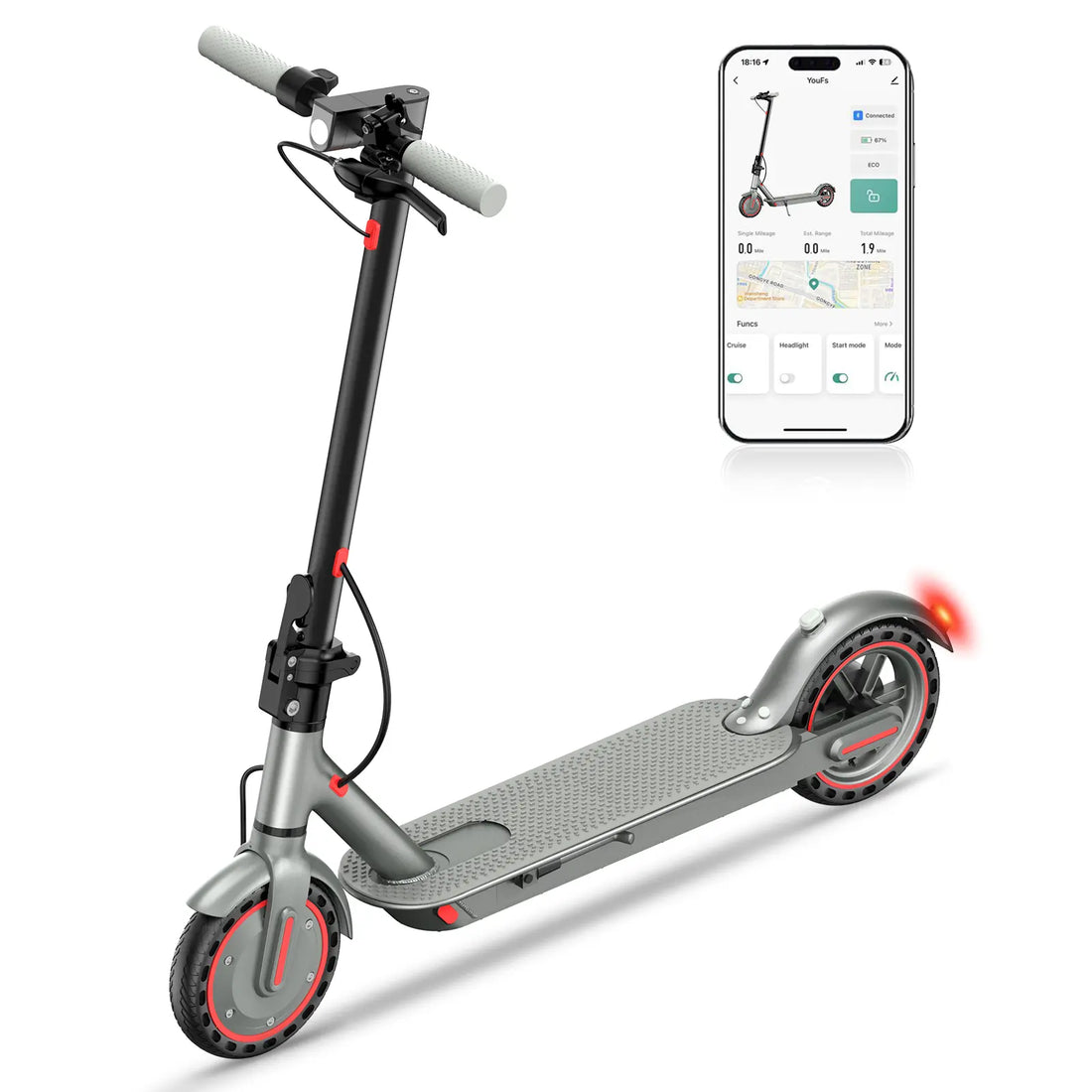 28MPH Max Speed D8 Pro Electric Scooter 8.5-Inch Explosion-Proof Tires 350W Brushless Motor 7.8Ah Battery 265 Lbs Max Load 3 Speed Modes Foldable Portable Front Rear Lights City Commuter App Smart Control