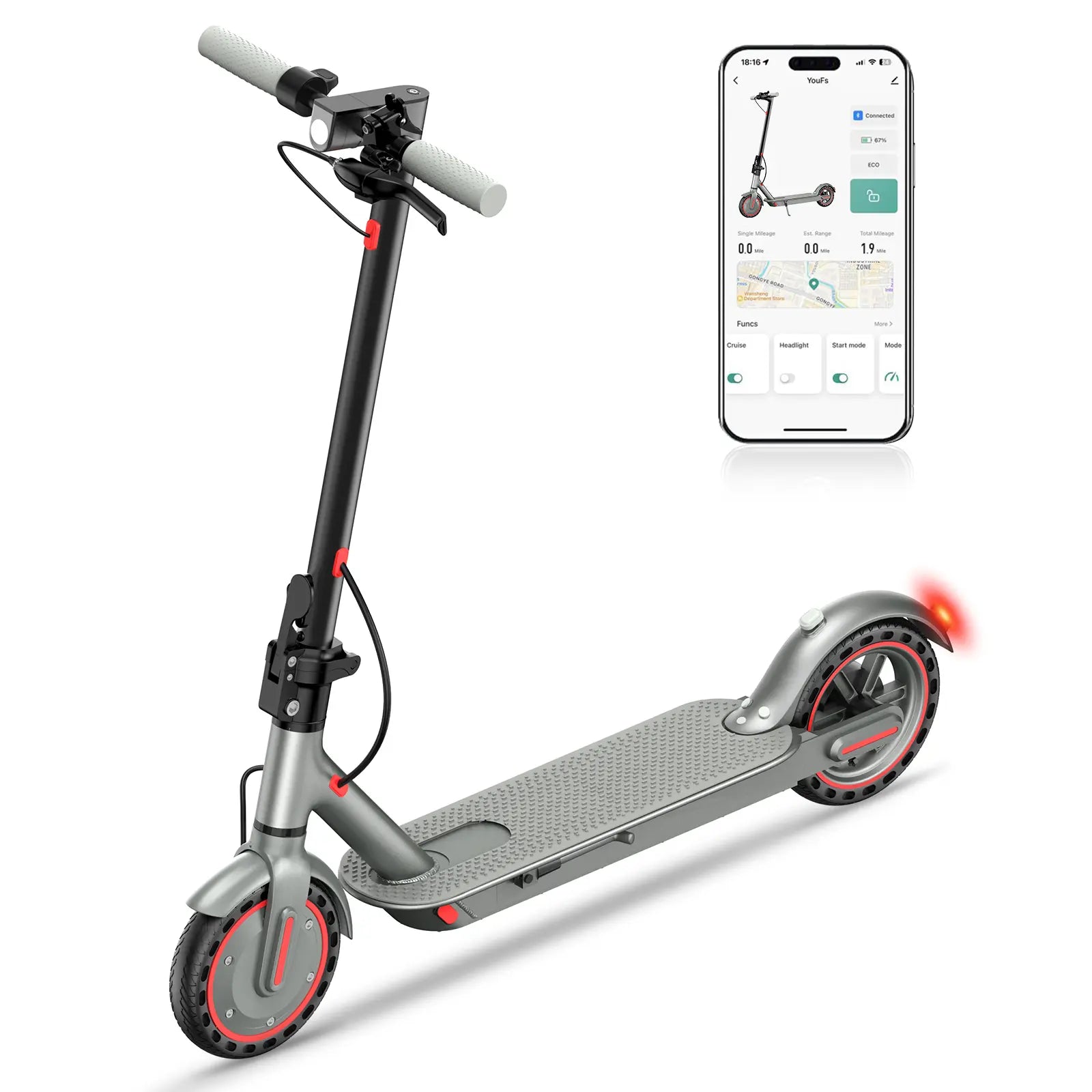 28MPH Max Speed D8 Pro Electric Scooter 8.5-Inch Explosion-Proof Tires 350W Brushless Motor 7.8Ah Battery 265 Lbs Max Load 3 Speed Modes Foldable Portable Front Rear Lights City Commuter App Smart Control