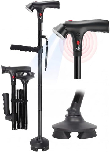 Walking Cane for Men & Women, 3-in-1 Folding Cane with Alarm and Light, Adjustable