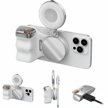 Magnetic Phone Camera Grip + C03 Magnetic Selfie Light (Silver) Bundle Kit Compatible with iPhone Magsafe & Android