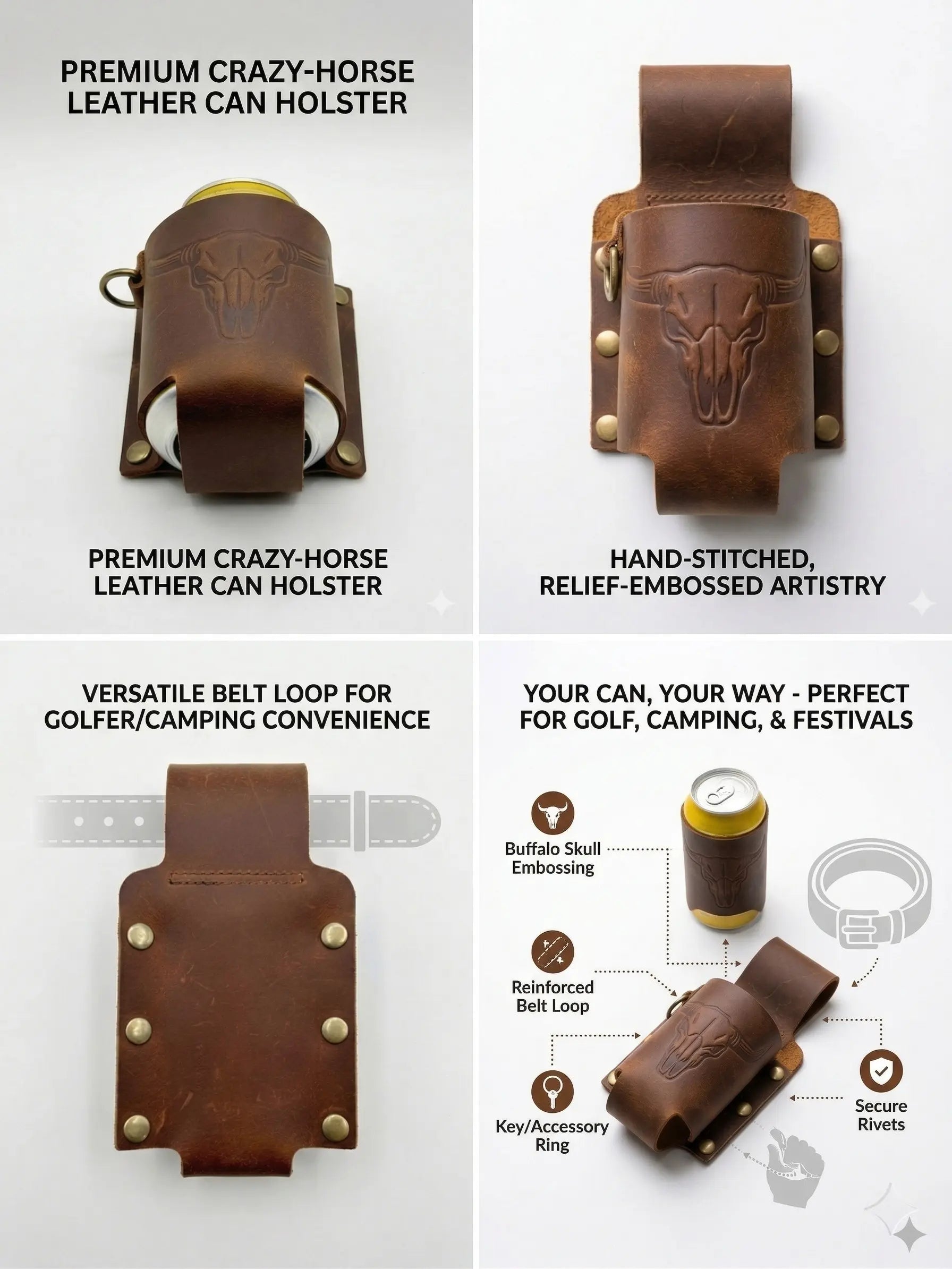 Handmade Full Grain Crazy Horse Leather Drinkware Holster for Belt - 12Oz Hands-Free Beer Can Holder for BBQ, Camping, Gifts for Men