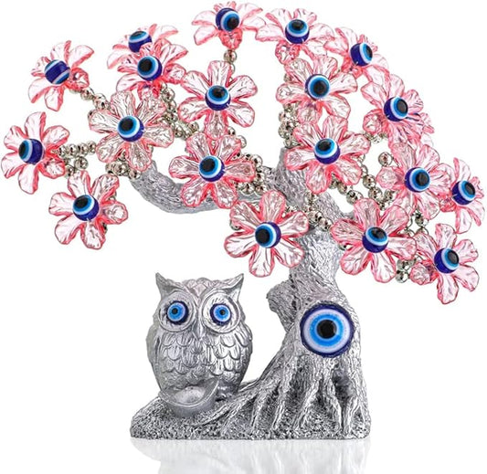 YU FENG 7.4'' Turkish Evil Eye Tree with Owl Figurine, Feng Shui Decor | Blue evil eye charm, pink flower tree design, lucky protection