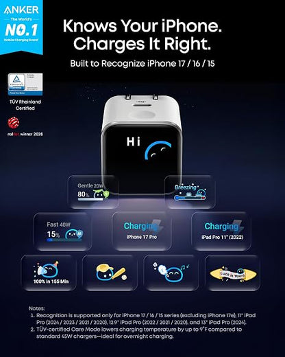 Anker Nano Smart Display Charger, 45W Max Fast Charger USB C for iPhone 17 | 180°
