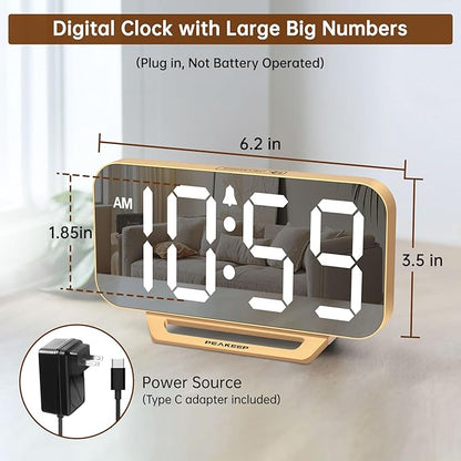 Peakeep Slim Digital Mirror Aesthetic Alarm Clock for Bedrooms Desk Decor |