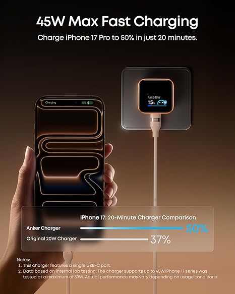 Anker Nano Smart Display Charger, 45W Max Fast Charger USB C for iPhone 17 | 180°