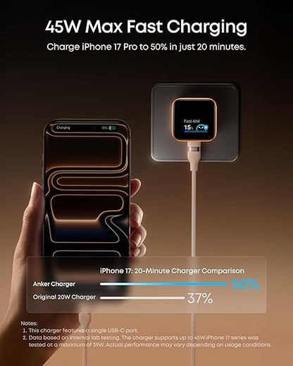 Anker Nano Smart Display Charger, 45W Max Fast Charger USB C for iPhone 17 | 180°