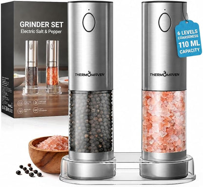 ThermoMaven Upgraded Larger Capacity Electric Salt and Pepper Grinder Set, 110ml Rechargeable Salt and Pepper Shaker with LED Light,