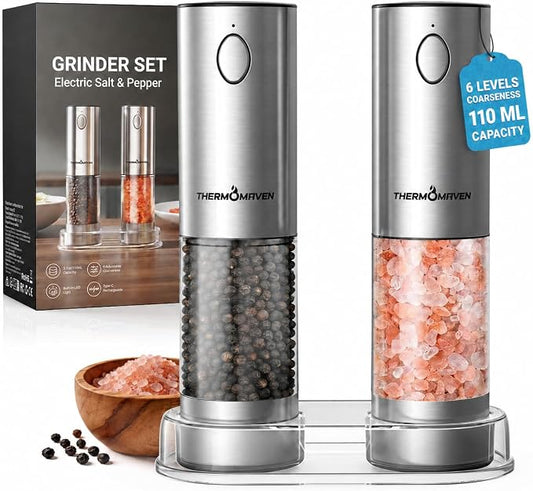 ThermoMaven Upgraded Larger Capacity Electric Salt and Pepper Grinder Set, 110ml Rechargeable Salt and Pepper Shaker with LED Light,