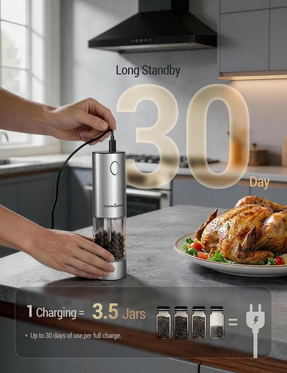 ThermoMaven Upgraded Larger Capacity Electric Salt and Pepper Grinder Set, 110ml Rechargeable Salt and Pepper Shaker with LED Light,