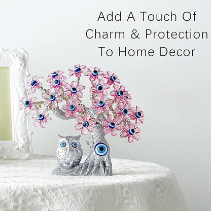 YU FENG 7.4'' Turkish Evil Eye Tree with Owl Figurine, Feng Shui Decor | Blue evil eye charm, pink flower tree design, lucky protection