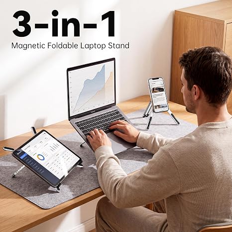 Portable Laptop Stand, 3-in-1 Magnetic Foldable Adjustable, for Desk（White）