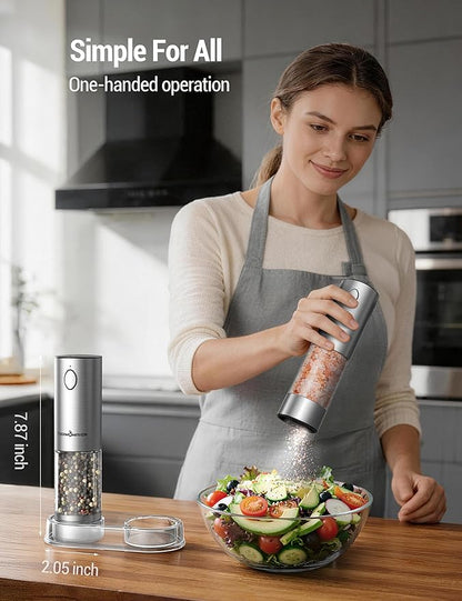 ThermoMaven Upgraded Larger Capacity Electric Salt and Pepper Grinder Set, 110ml Rechargeable Salt and Pepper Shaker with LED Light,