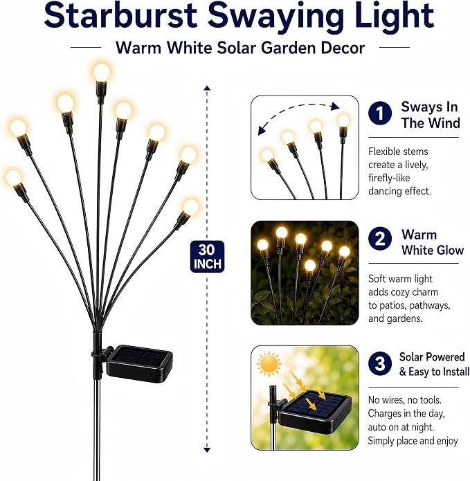 TONULAX Solar Garden Lights - Upgraded Solar Swaying Light, Sway by Wind, Outdoor Lights Warm White(2 Pack),