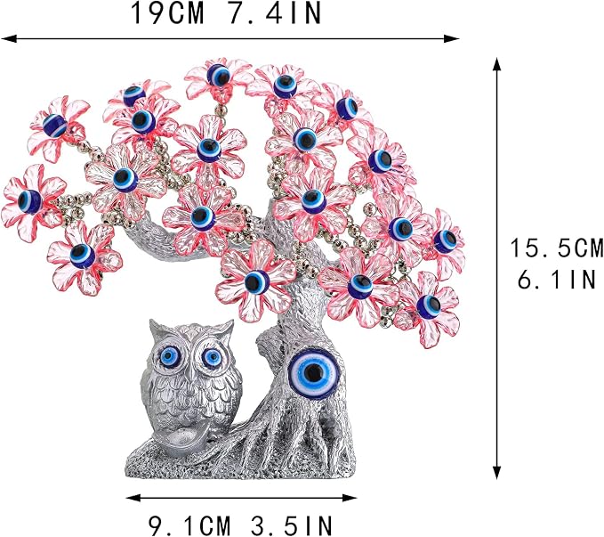 YU FENG 7.4'' Turkish Evil Eye Tree with Owl Figurine, Feng Shui Decor | Blue evil eye charm, pink flower tree design, lucky protection