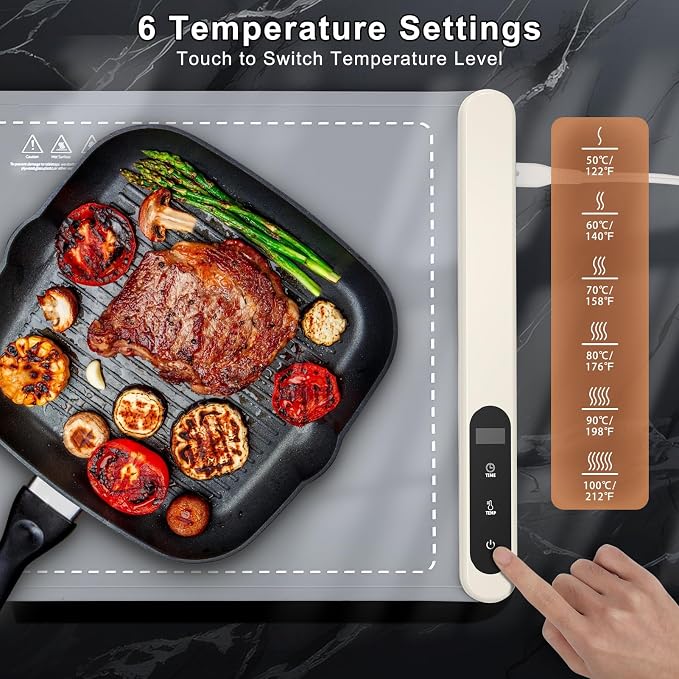 FYY Warming Mat for Food - Rapid and Full Surface Heating, 6 Temp Settings, 6H Timer,