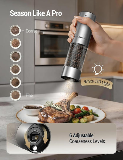 ThermoMaven Upgraded Larger Capacity Electric Salt and Pepper Grinder Set, 110ml Rechargeable Salt and Pepper Shaker with LED Light,