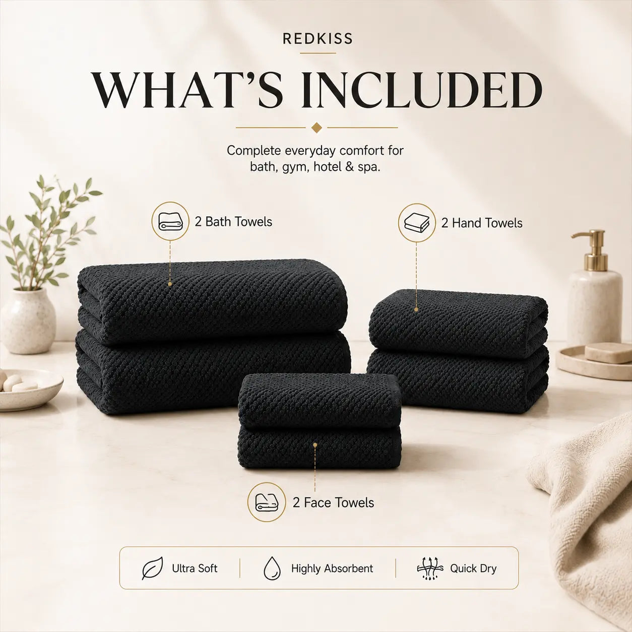 REDKISS Black Towel Set: a 6-Piece Set of Premium, Soft Bath Towels. This Ultra-Absorbent, Luxurious 6-Piece Set Includes 2 Bath Towels, 2 Hand Towels, and 2 Face Towels, Perfect for Everyday Use in Bathrooms, Gyms, Hotels, and Spas.