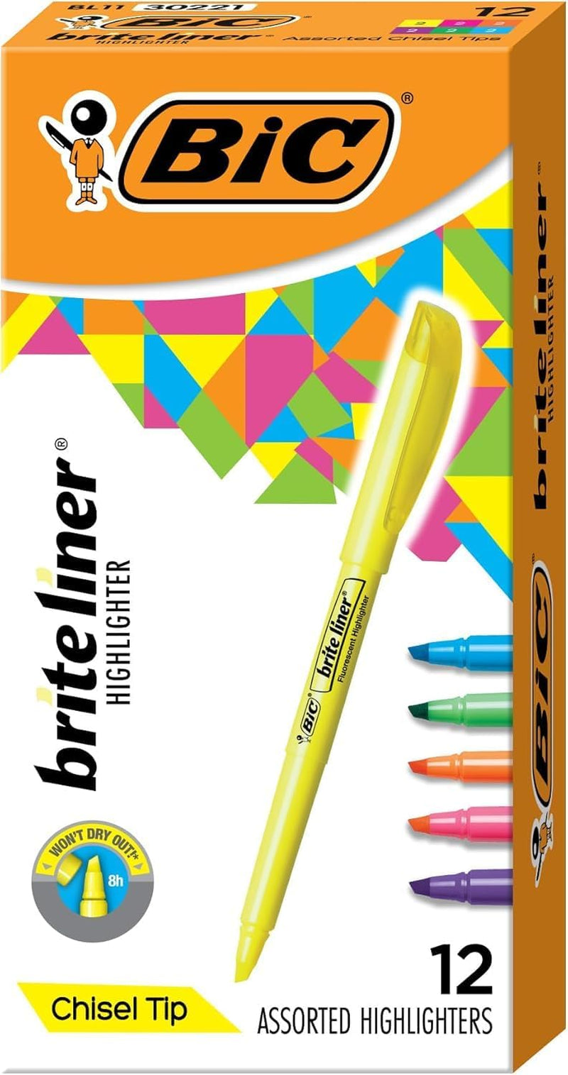 Brite Liner Highlighters, Chisel Tip, 12-Count Pack of Highlighters Assorted Colors, Ideal Highlighter Set for Organizing and Coloring