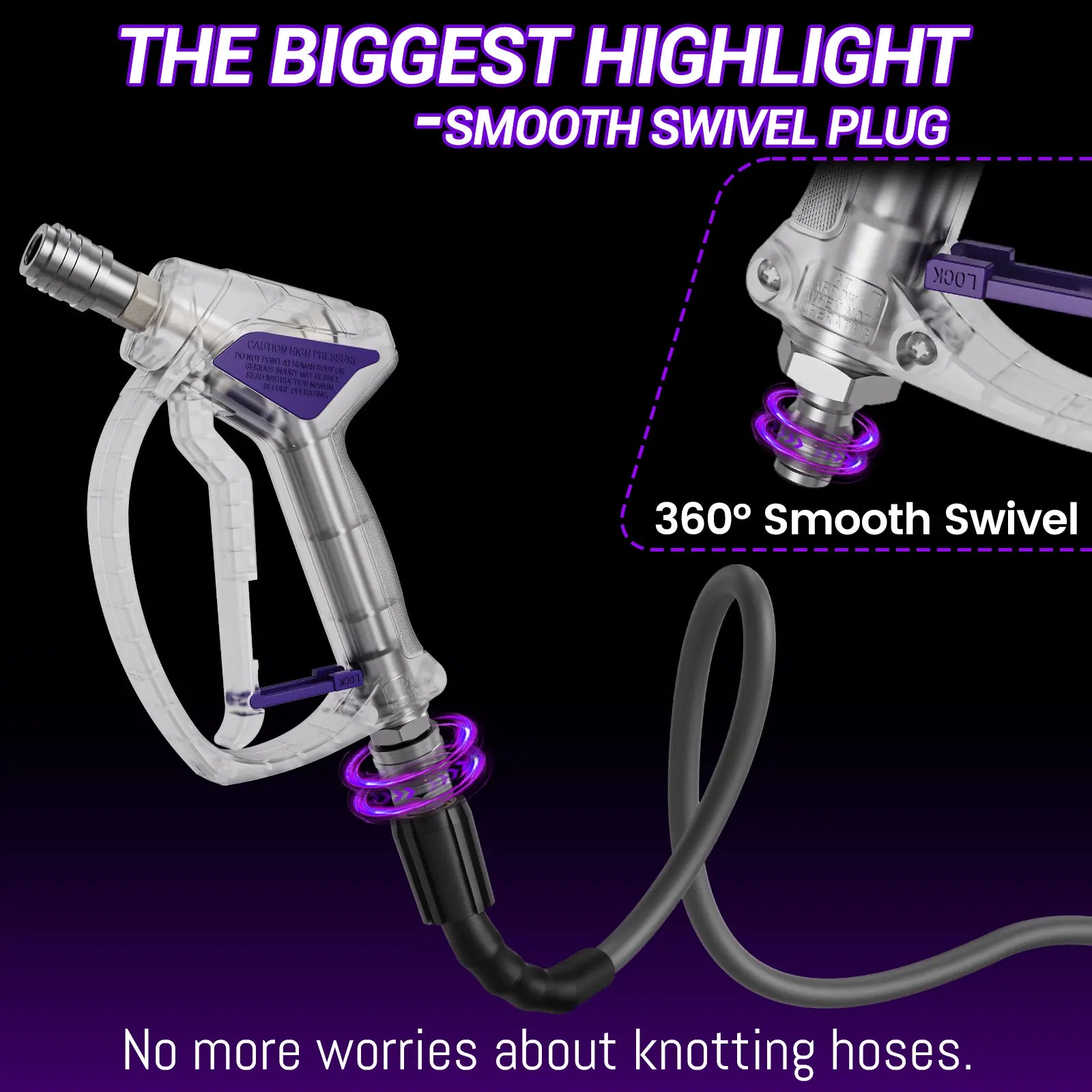 High-Pressure Washer Transparent Purple Spray Gun with Self-Locking Head and 3/8" Quick-Connect Fitting; Features a Scratch-Resistant Purple Silicone Nozzle.