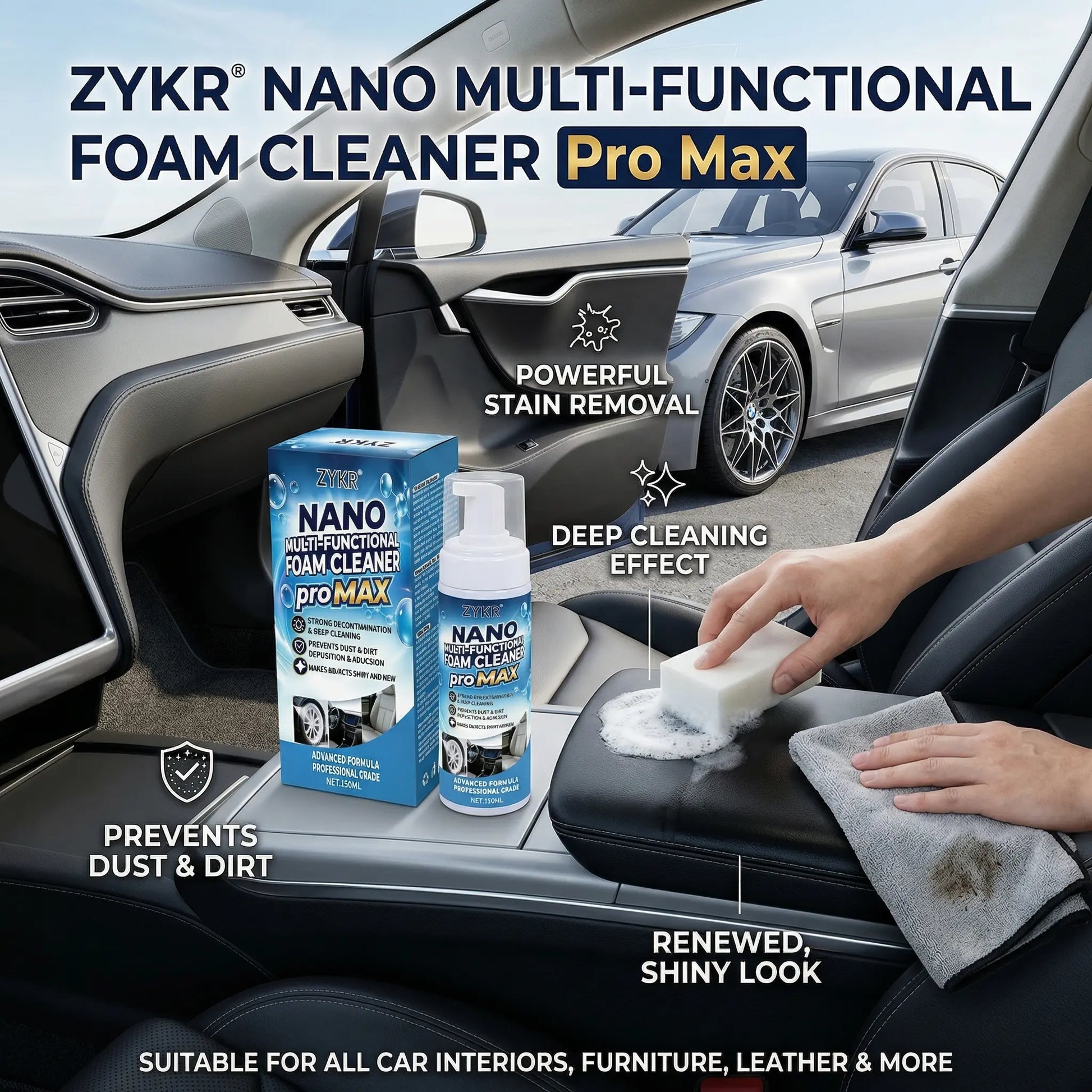 ZYKR Nano Multi-Functional Foam Cleaner Pro MAX - a Powerful Deep-Cleaning Product Suitable for Both Household and Vehicle Deep Cleaning. It Is Suitable for Removing Stains on Car Interiors and Sofas. Capacity: 150 Milliliters.