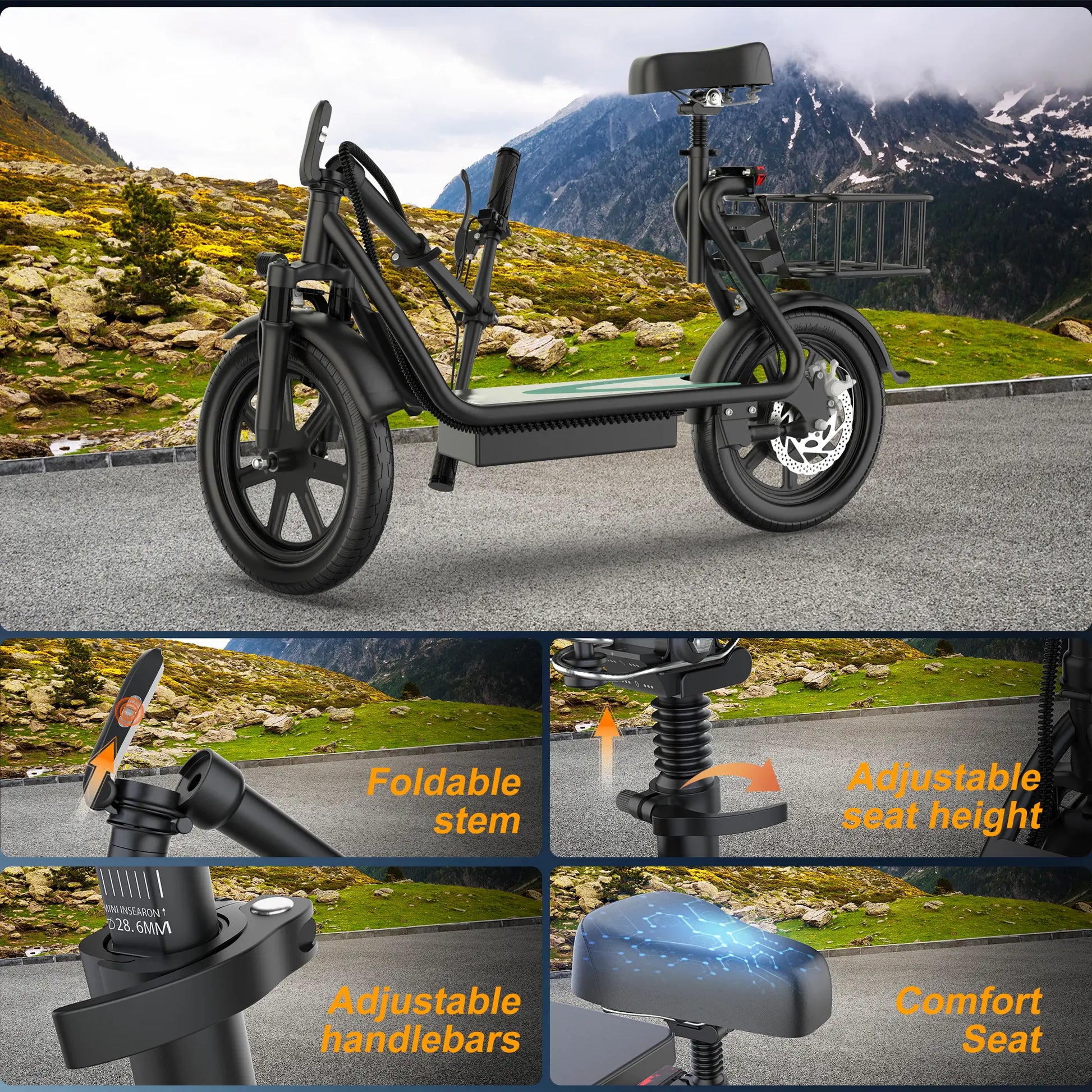 Foldable Electric Scooter with Seat and Basket, 500W Peak Motor, 48V/10.4Ah Rechargeable Battery, LED Headlight, Rear Disc Brakes, Dual Shock Absorbers, Adjustable Height, Customizable Size, 22MPH Max Speed, 28Miles Max Range