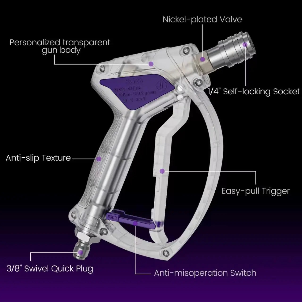 High-Pressure Washer Transparent Purple Spray Gun with Self-Locking Head and 3/8" Quick-Connect Fitting; Features a Scratch-Resistant Purple Silicone Nozzle.