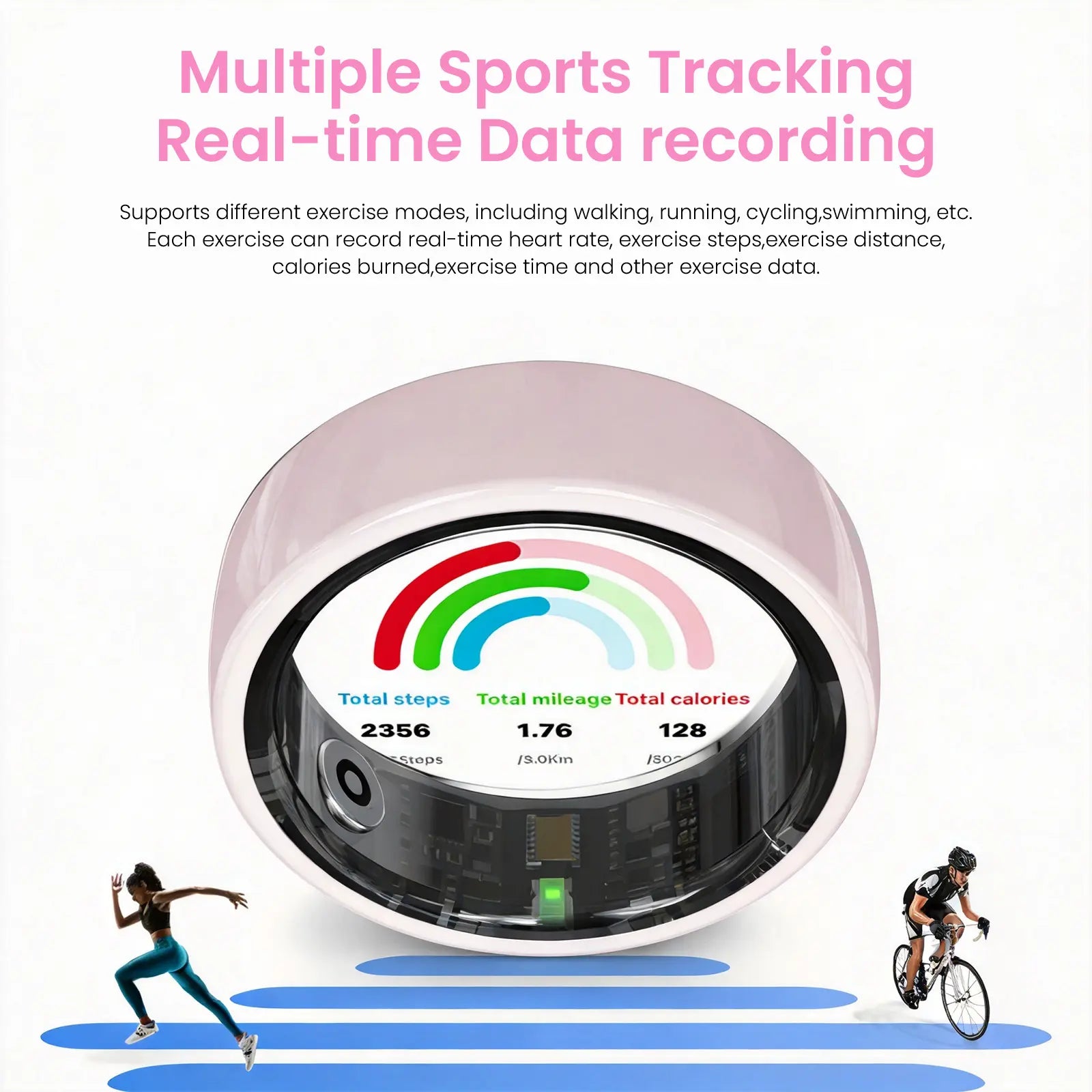 #6-#11 Pink & Black Ceramic Smart Couple Rings for Women & Men, Fitness & Sleep Tracker, Heart Rate & Stress Monitor, Cycle Tracking, IP68 Waterproof, 3–5 Day Battery, Ios & Android Compatible, with Charging Case